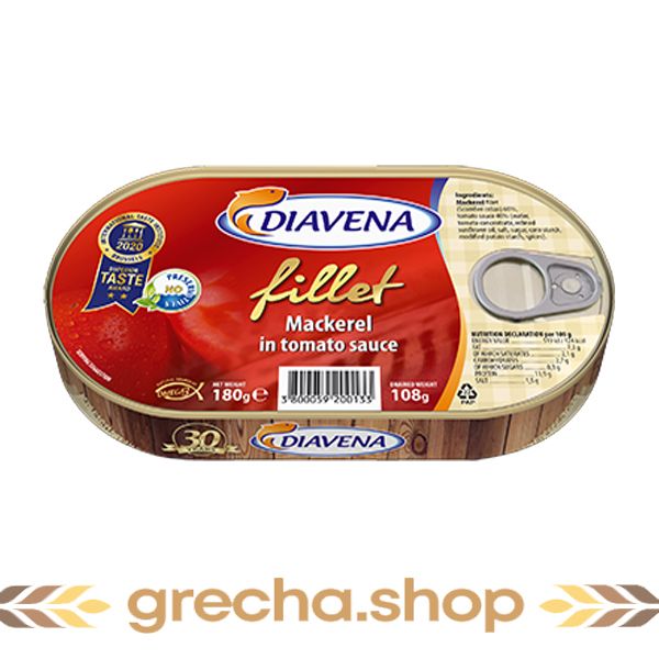 Canned mackerel fillet in tomato sauce DIAVENA 180 grams